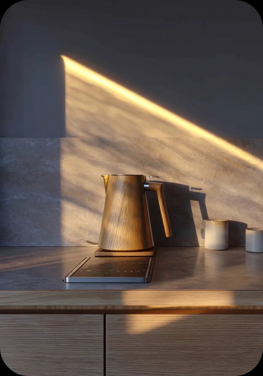 Cozy kitchen scene during golden hour