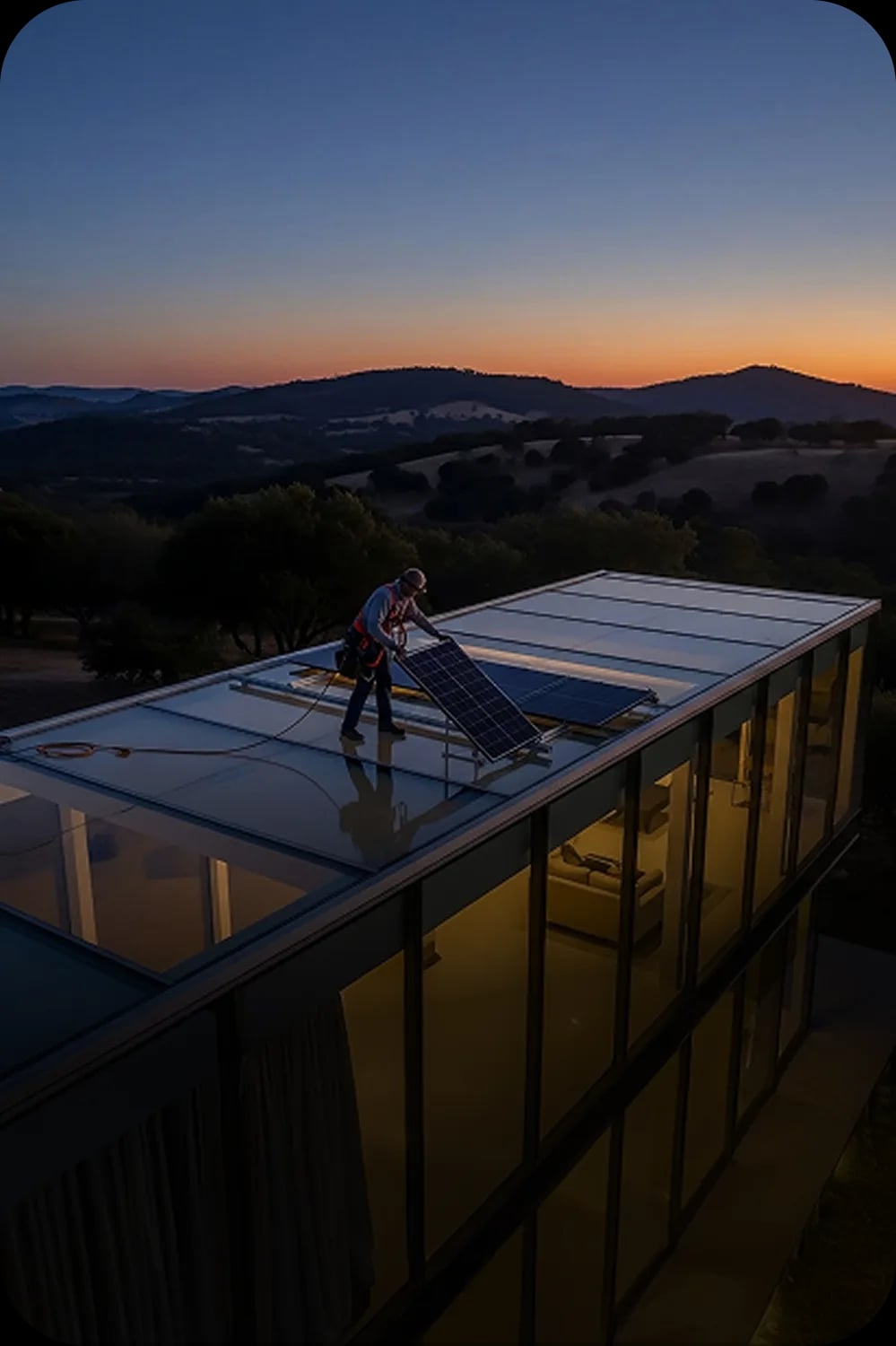 Workers installing solar panels on rooftop