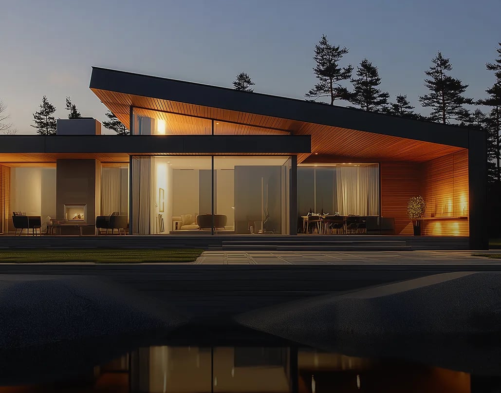 AI-generated modern glass house at dusk