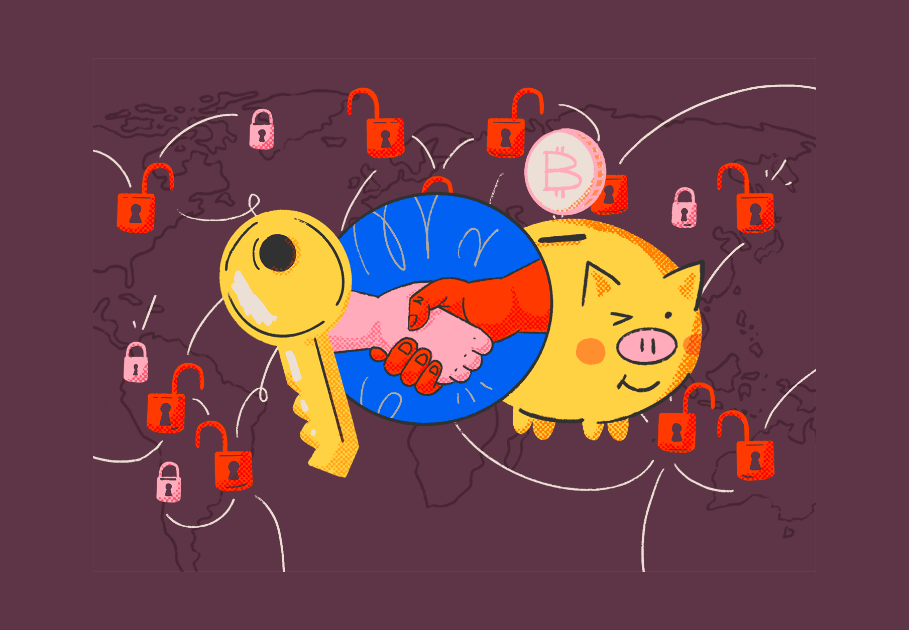 Portada con una llave, un apretón de manos, una alcancía y el símbolo de bitcoin.