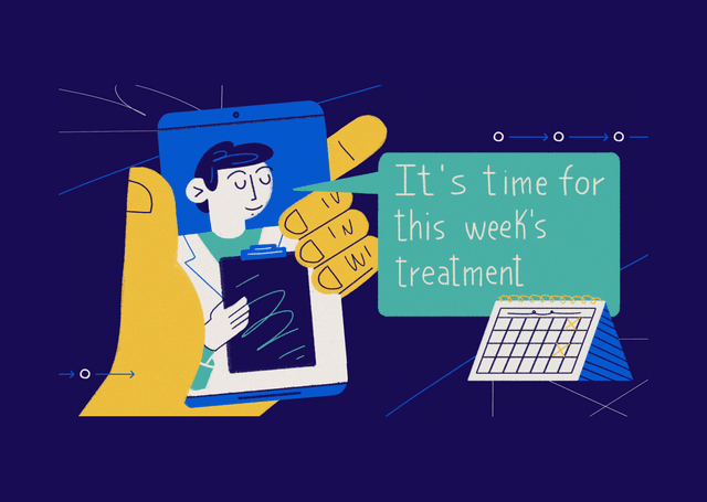 Cover of the article, a hand holding a phone with the message: "It's time for this week's treatment"