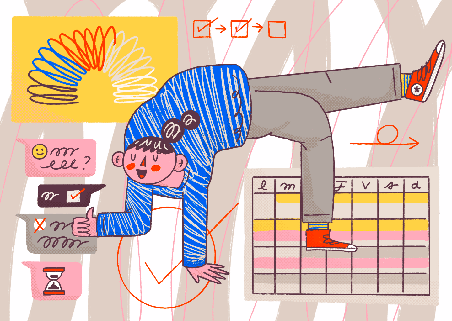 Portada del artículo con una persona, un calendario, mensajes y to do's