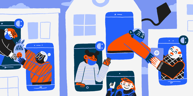 ilustración con varias personas saludándose desde ventanas y pasándose bolsas de supermercado