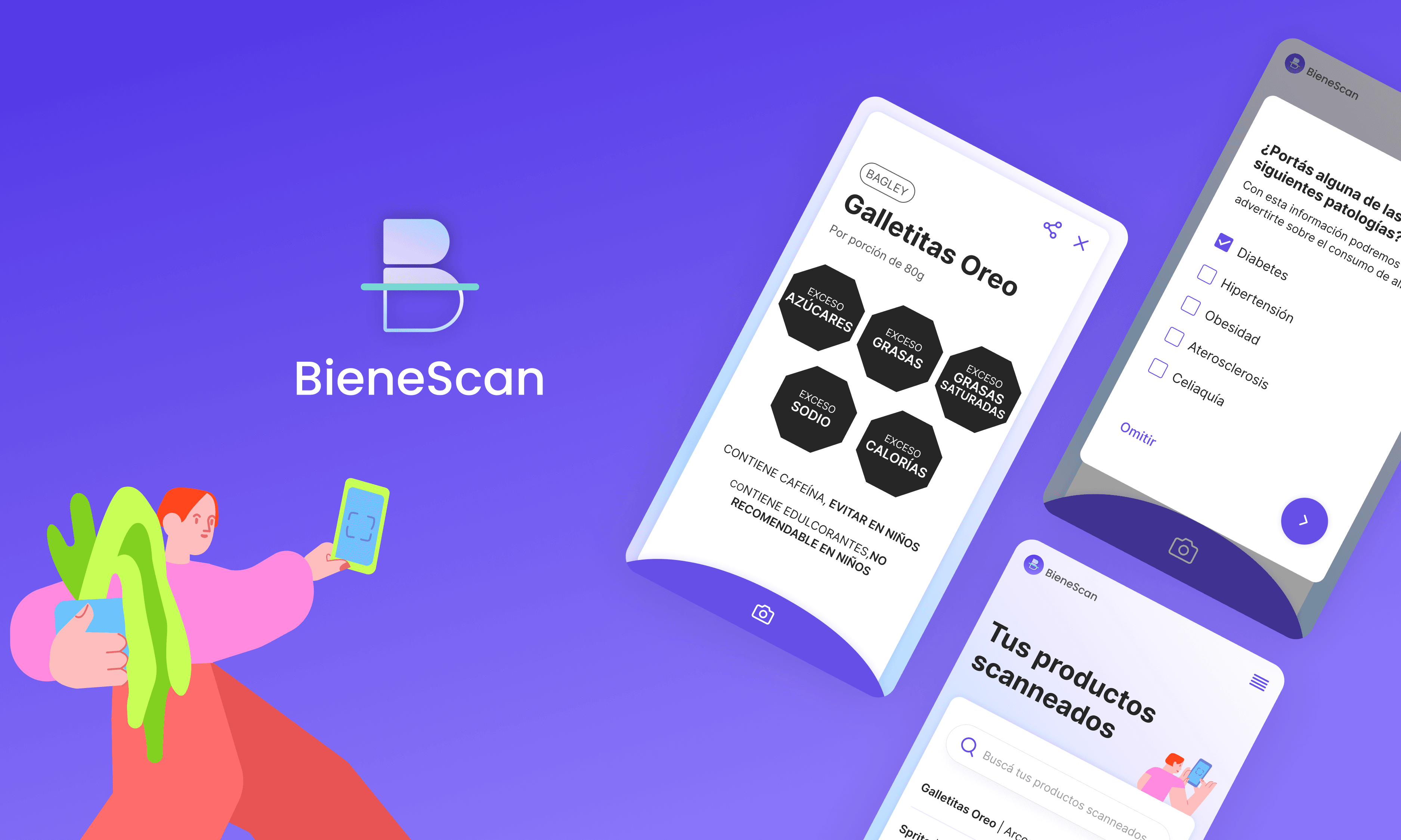 Logo de BieneScan y pantallas de celular que muestran la UI del etiquetado frontal, registro de patologías como diabetes, celiaquía y registro de productos escaneados.