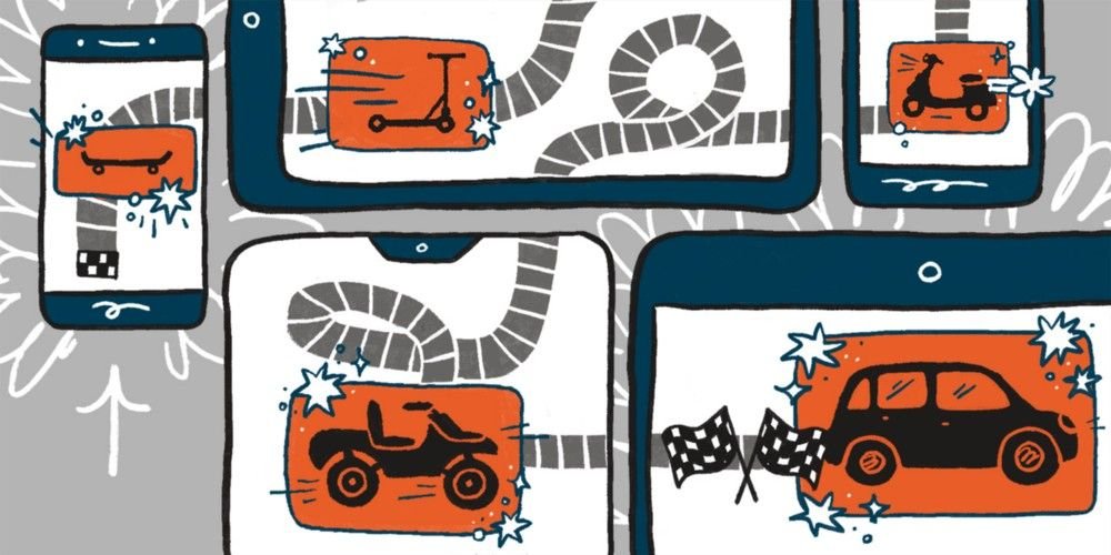 Ilustración representativa de las etapas del MVP de un producto: de una patineta a un monopatín, a una motocicleta sencilla, a una más moderna hasta un auto
