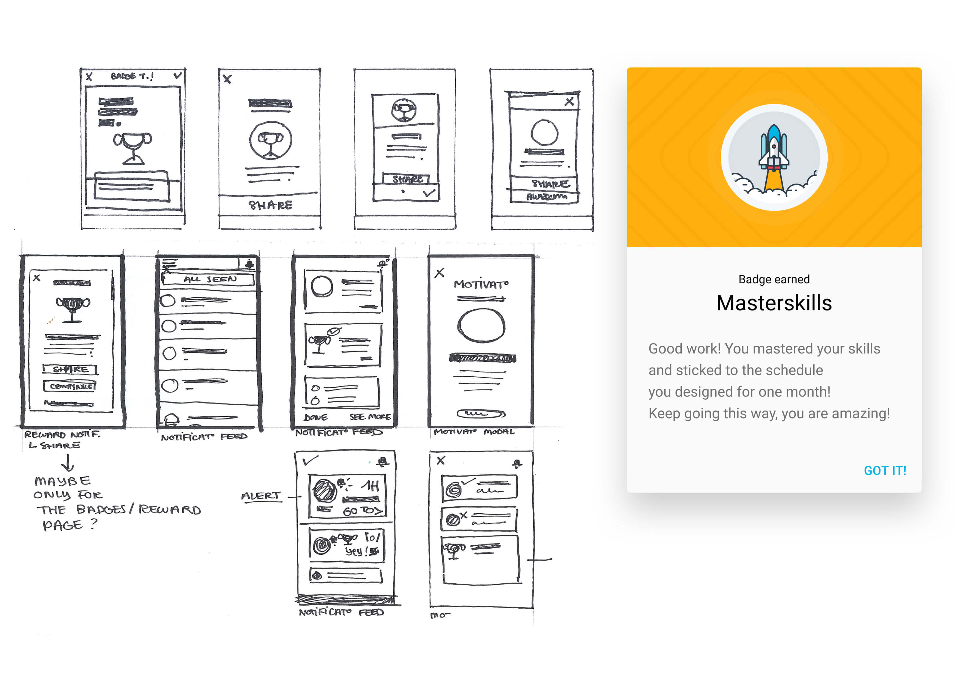 Screenshots and sketchs of the app showing how rewards works